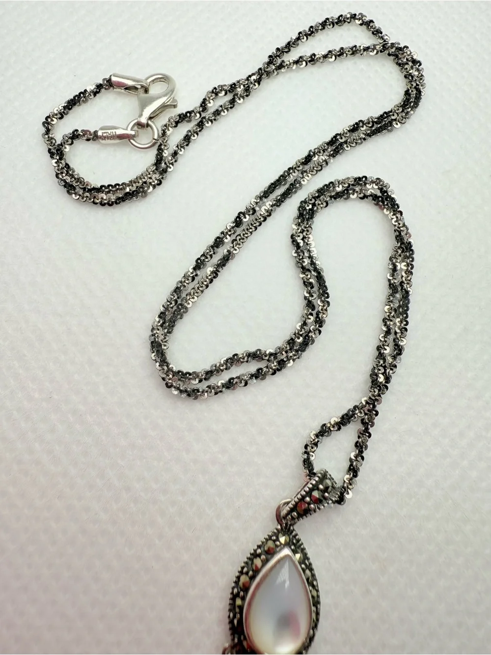 Vintage Italian Art Deco Marcasite Onyx Mother of Pearl Chandelier Drop Necklace
